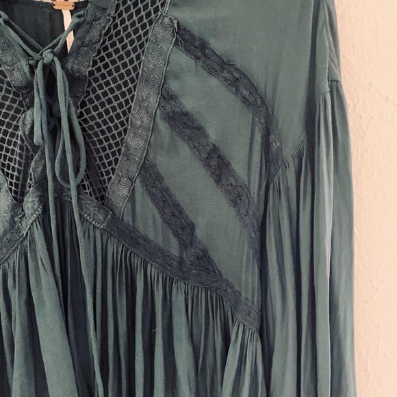 free people dark green lace up blouse size large - Picture 4 of 6